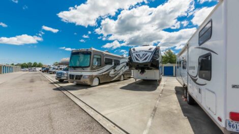 Exterior view of outdoor vehicle storage parking.