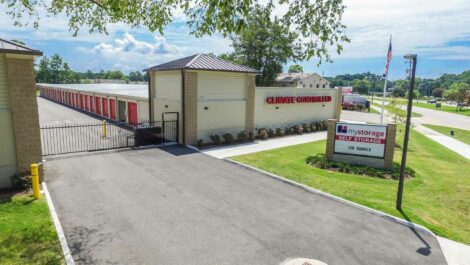 Wide angle view of MyStorage climate controlled self storage facility.