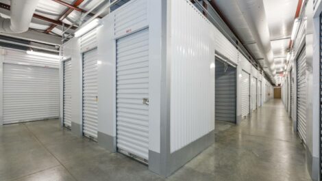 Wide-angle shot of interior self-storage units.