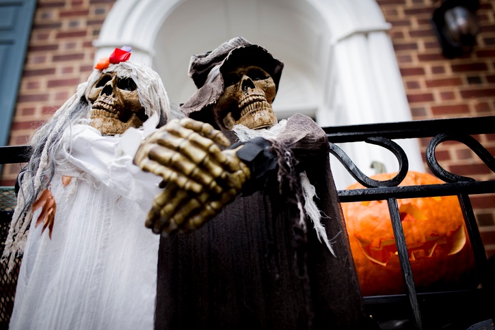 A close-up of Halloween decorations outside of a building.