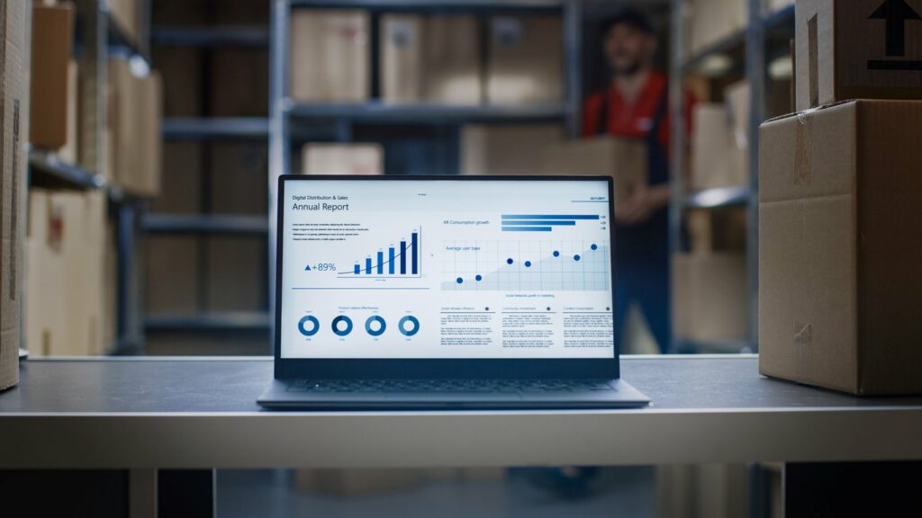 A laptop displaying business statistics sits on a shelf with boxes in storage.