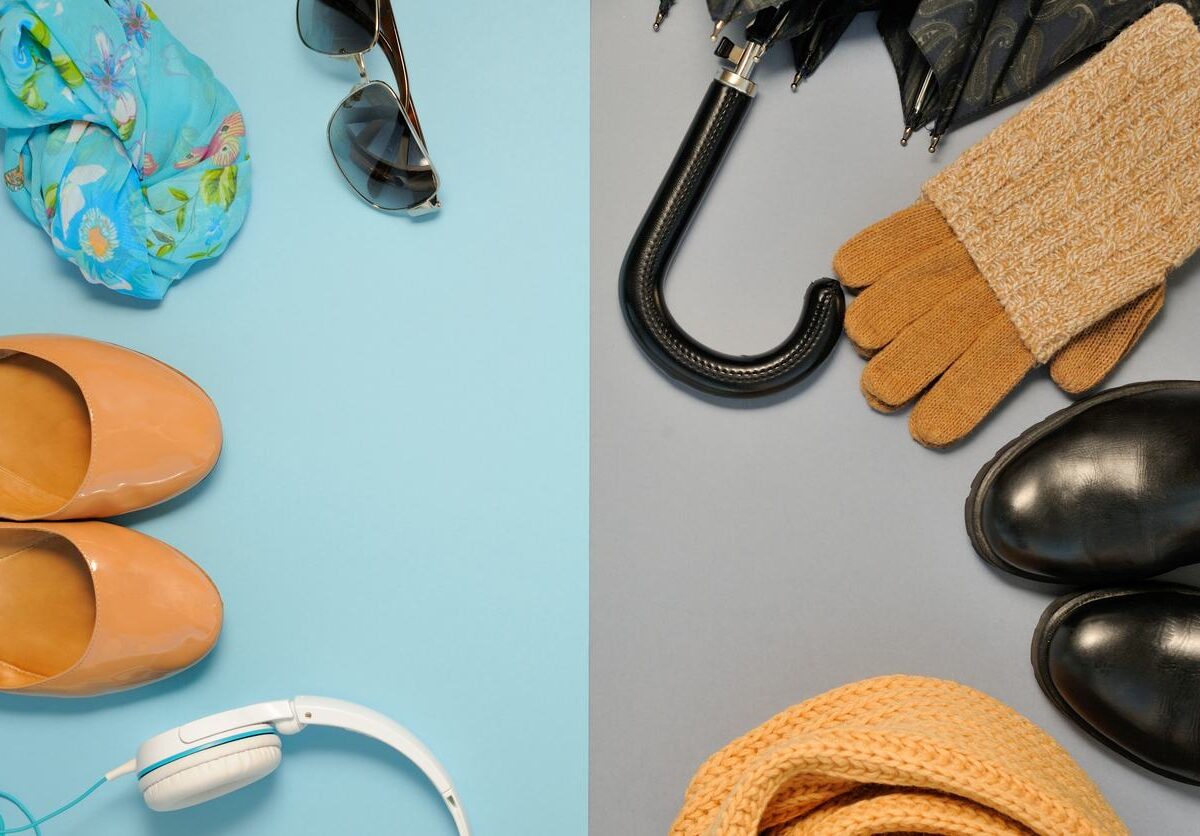 A spread of seasonal items with winter gear in the right, grey area, and summer items in the left, blue area.