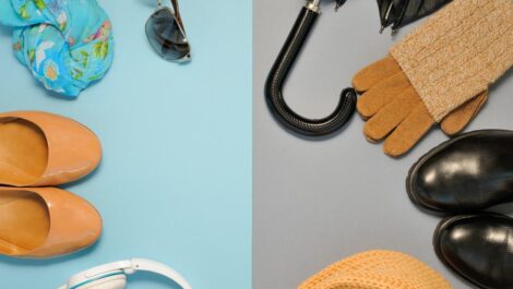 A spread of seasonal items with winter gear in the right, grey area, and summer items in the left, blue area.